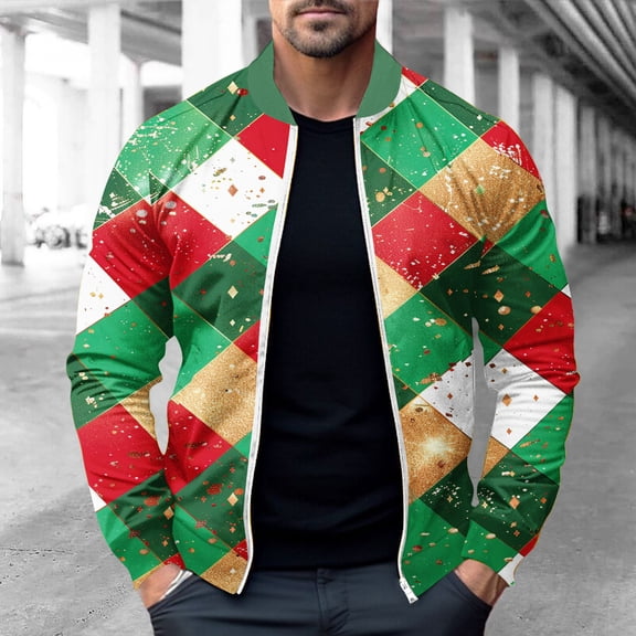 WXLWZYWL Mens Chrismas Jackets Chrismas Printed Casual Lightweight Jacket Full Zipper Softshell Flight Bomber Jacket Varsity Windbreaker