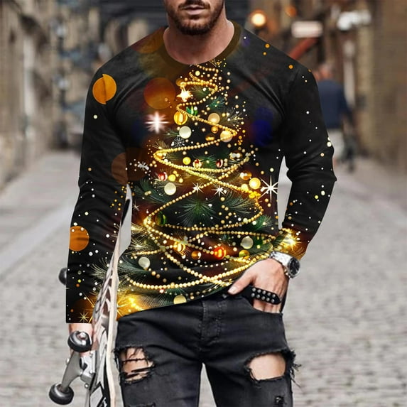 WXLWZYWL Mens Christmas Sweatshirts Trendy Big and Tall Crew Neck Tree Printed Sweatshirt Pullover Tops Party Outfit