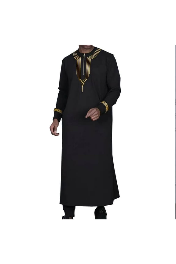 Mens Clothing Kaftan Maxi-Muslim Male Shirt Long Sleeve Abaya Dubai Cotton Arabic Long Sleeve Muslim Thobe Kaftan Robe Pure Color Thobe Crew Stand Collar Kaftan Robe
