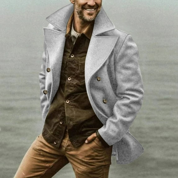 WXLWZYWL Mens Coats Winter Clearance Wool Coat Simple Solid Coat Double Row Button Pocket Trench Coat Long Sleeve Lapel Coat Hooded Casual Overcoat