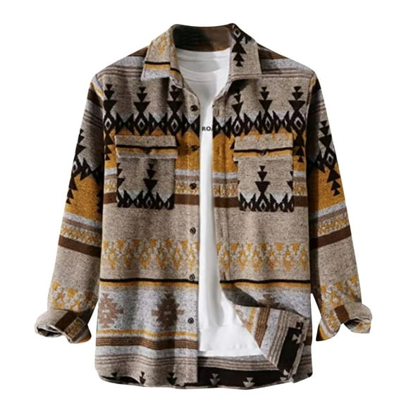 WXLWZYWL Mens Coats and Jackets Casual Aztec Print Button Down Woolen Long Sleeve Lightweight Lapel Western Shacket Jacket Coat