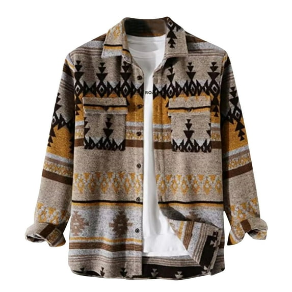 WXLWZYWL Mens Coats and Jackets Casual Aztec Print Button Down Woolen Long Sleeve Lightweight Lapel Western Shacket Jacket Coat
