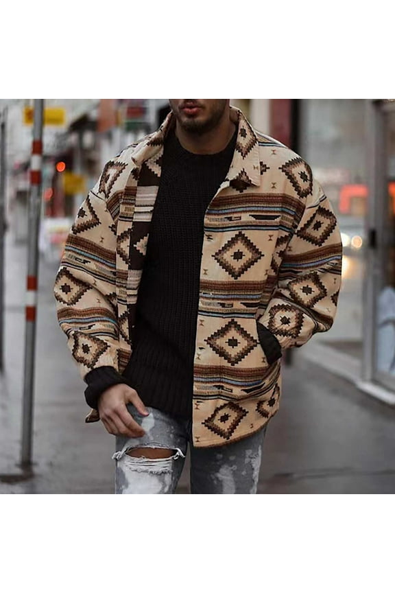 Mens Coats and Jackets Men's Casual Tribal Aztec Pattern Button Down Long Sleeve Trucker Jacket Shacket Coat