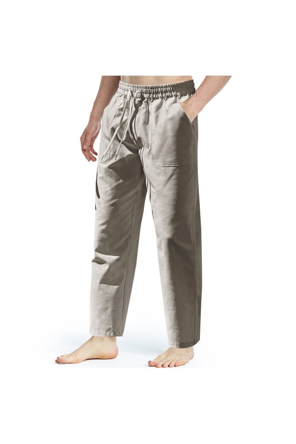 Mens Cotton Linen Pants Casual Premium Loose Fit Elastic Drawstring Waist Straight-Legs Summer Yoga Beach Long Pants Loose Lightweight Sweatpants with Pockets
