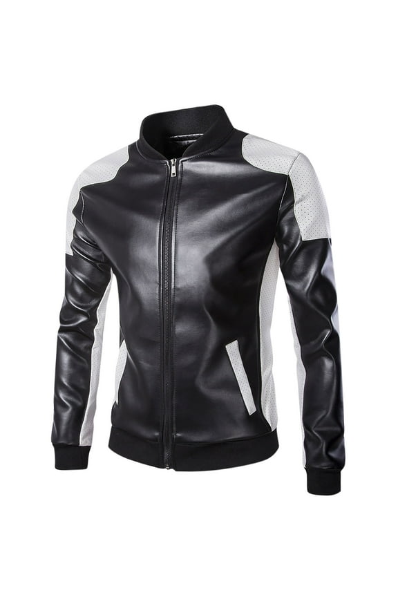 Mens Fall Winter Jackets Men's Faux Leather Jacket PU White Black Moto Bomber Biker Coat Outwear Zip-Up Slim Fit Coat