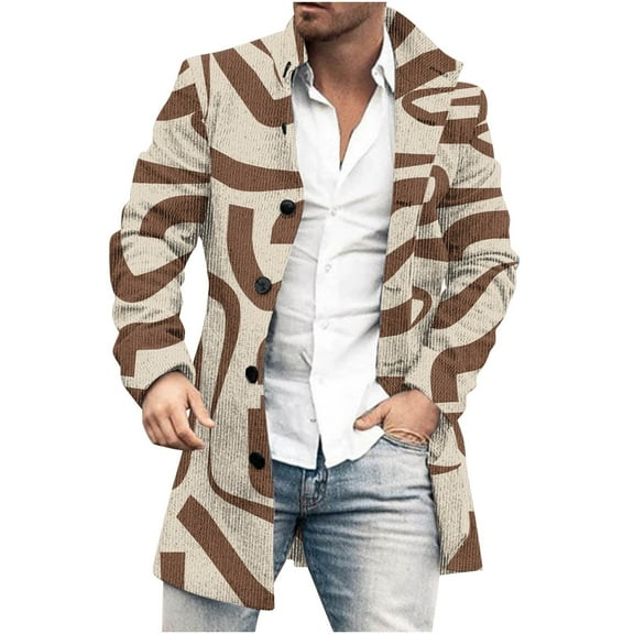 WXLWZYWL Mens Fall Winter Jackets Plaid Trench Coat Vintage Graphic Mid Long Jacket Coats Lapel Single Breasted Wool Blend Color Block Overcoat