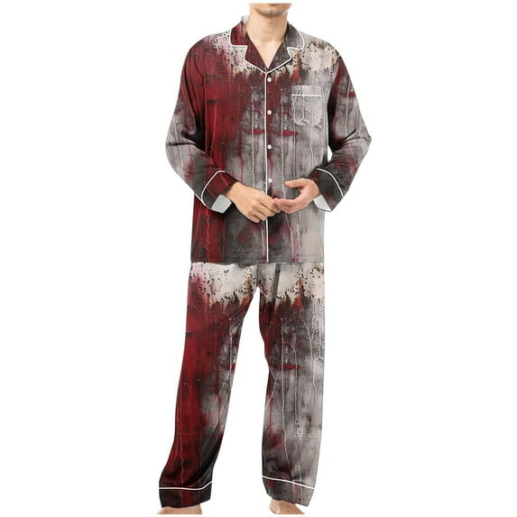WXLWZYWL Mens Halloween Pajamas Set Button Down Soft Classic Lapel Sleepwear Long Sleeve Flannel Top & Pants Set