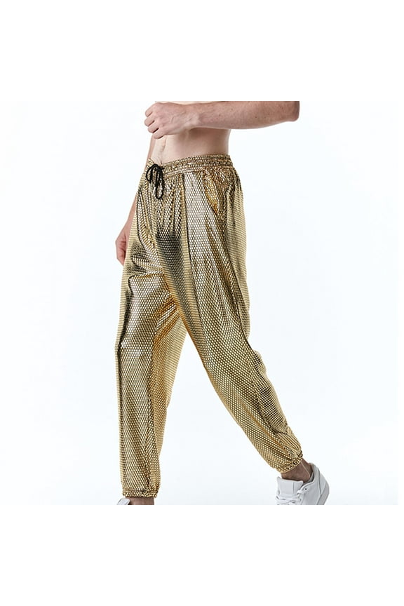 Mens Metallic Shiny Disco Pants 70s/80s Sequin Pants Drawstring Waist Party Club Pants Rave Shiny Jogger Metallic 70s Disco Costume Sequin Party Jogger Pants