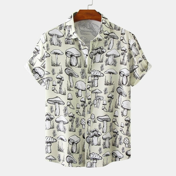 WXLWZYWL Mens Plus Size Shirts Short Sleeve Button Down Mushroom Printing Shirts Casual Loose Summer Hawaiian Aloha Beach Shirts Tops