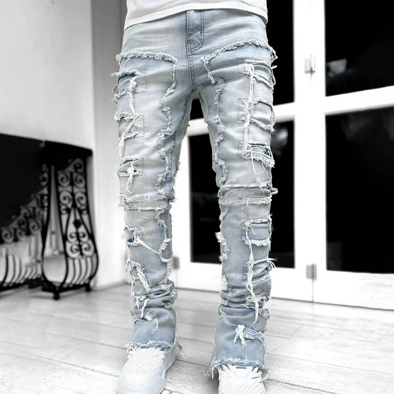 WXLWZYWL Mens Stacked Jeans Slim Fit Ripped Jeans Destroyed