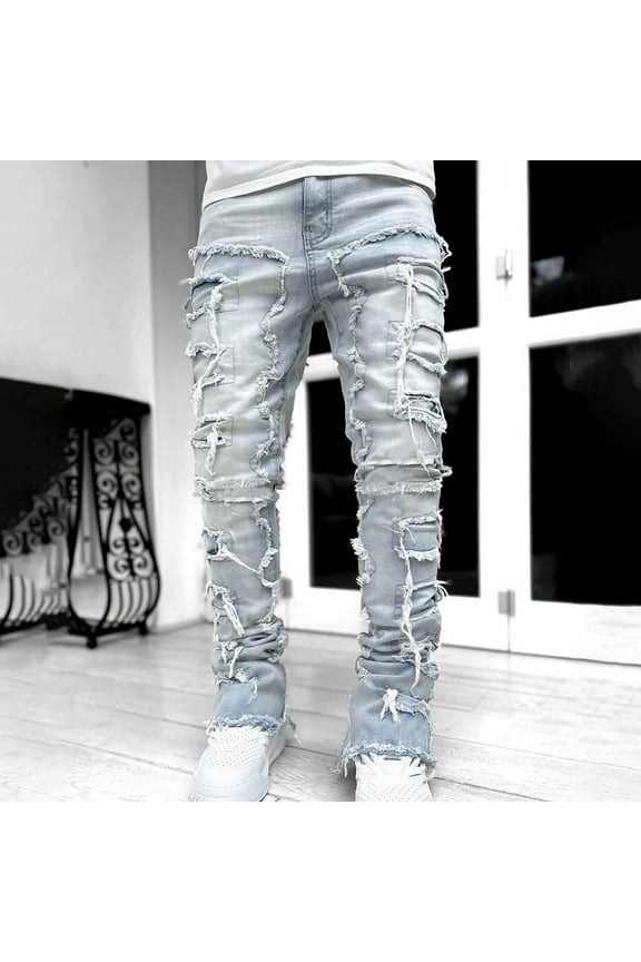 Mens Stacked Jeans Slim Fit Ripped Jeans Destroyed Straight Denim Pants Harajuku Hip Hop Trouser Streetwear Skinny Stretch Washed Denim Jeans Pants