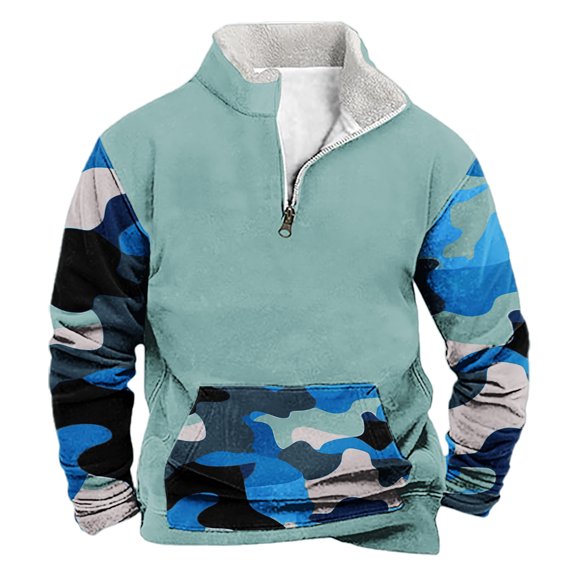 WXLWZYWL Mens Sweatshirt Fleece Lined Camo Pullover V Neck Stand Lapel Zipper Long Sleeve Blouse with Pockets Dressy Winter Warm Sweatshirt