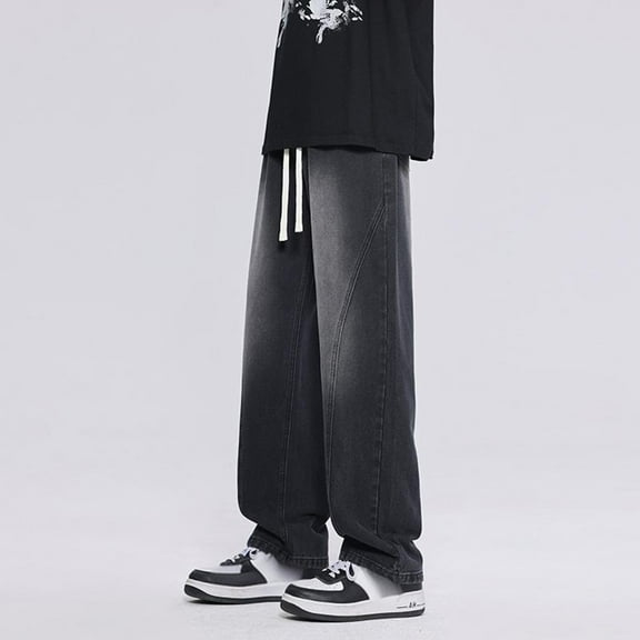 WXLWZYWL Mens Wide Leg Jeans Elastic Waist Baggy Jeans Casual Drawstring Denim Pants Trousers