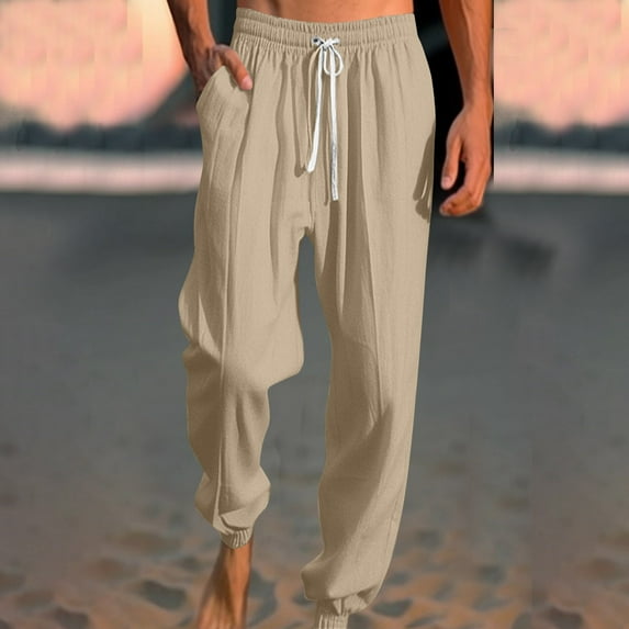 WXLWZYWL Mens Workout Pants Lightweight Cotton Linen Harem Pants Drawstring Elastic Waist Casual Beach Yoga Crop Trousers Big and Tall Wide Leg Pants