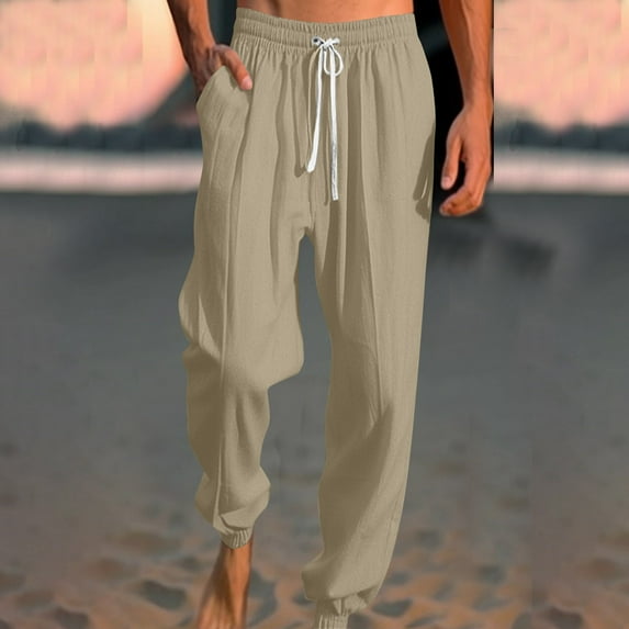 WXLWZYWL Mens Workout Pants Lightweight Cotton Linen Harem Pants Drawstring Elastic Waist Casual Beach Yoga Crop Trousers Big and Tall Wide Leg Pants
