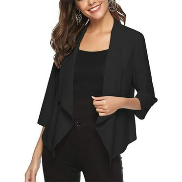 WXLWZYWL Open Front Blazer for Women 3/4 Sleeve Solid Color Draped Collar Ruffle Hem Work Office Blazer Cardigan Suit Jacket