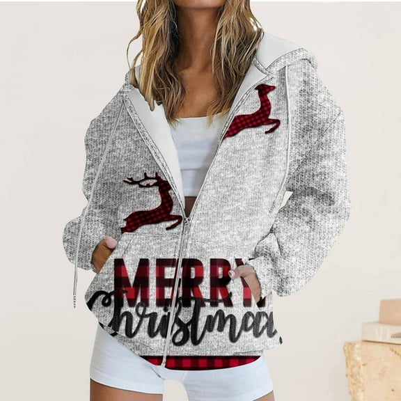 WXLWZYWL Oversized Hoodie for Women Zip Up Christmas Bell Y2K Fleece Long Sleeve Jacket Coat Xmas Sweatshrits