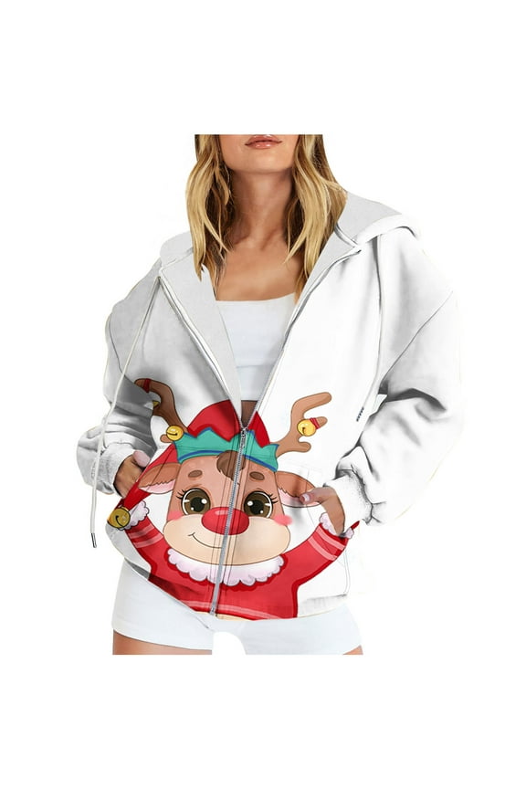 Oversized Hoodie for Women Zip Up Christmas Bell Y2K Fleece Long Sleeve Jacket Coat Xmas Sweatshrits