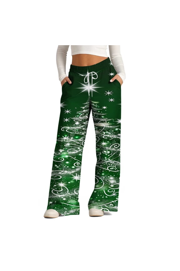 Pajama Pants Women Casual Plus Size Christmas Santa Claus Snowflake Print Trousers Drawstring Waist Comfy Yoga Pants