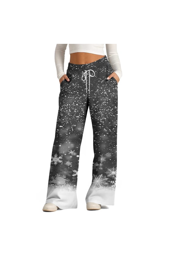 Pajama Pants Women Casual Plus Size Christmas Santa Claus Snowflake Print Trousers Drawstring Waist Comfy Yoga Pants