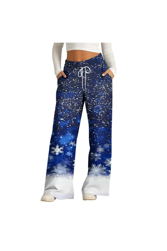 Pajama Pants Women Casual Plus Size Christmas Santa Claus Snowflake Print Trousers Drawstring Waist Comfy Yoga Pants