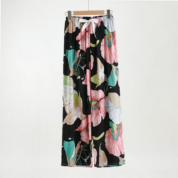 WXLWZYWL Pants for Women Trendy Women's Daily High Waist Ice Silk Wide Leg Thin Loose Slimming Casual Floral Trousers