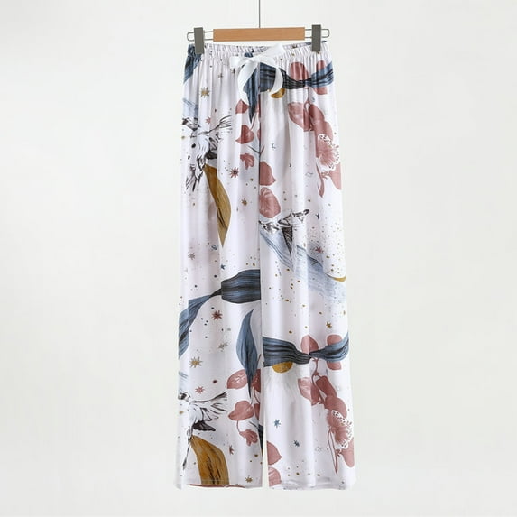 WXLWZYWL Pants for Women Trendy Women's Daily High Waist Ice Silk Wide Leg Thin Loose Slimming Casual Floral Trousers