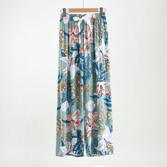 WXLWZYWL Pants for Women Trendy Women's Daily High Waist Ice Silk Wide Leg Thin Loose Slimming Casual Floral Trousers