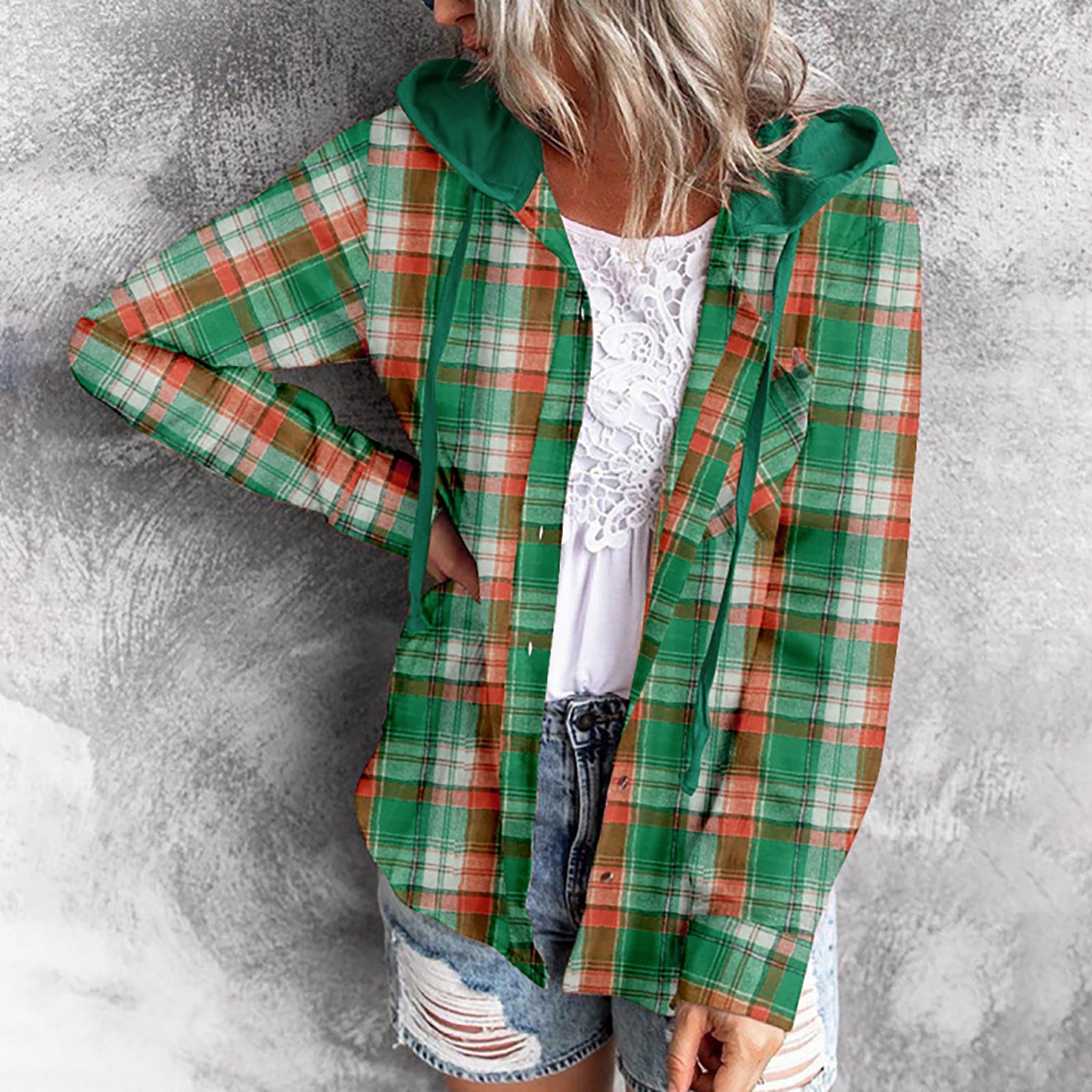 Button Down Plaid Hoodie Jacket main image 1