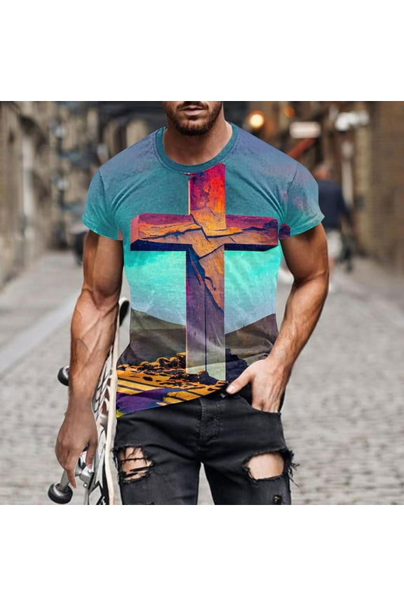 Plus Size Men' Jesus Cross 3D Printing T-Shirt Short SleeveRound Neck Funny Graphic Tees Tops Christian Religious Bible T-Shirts Blue XXL