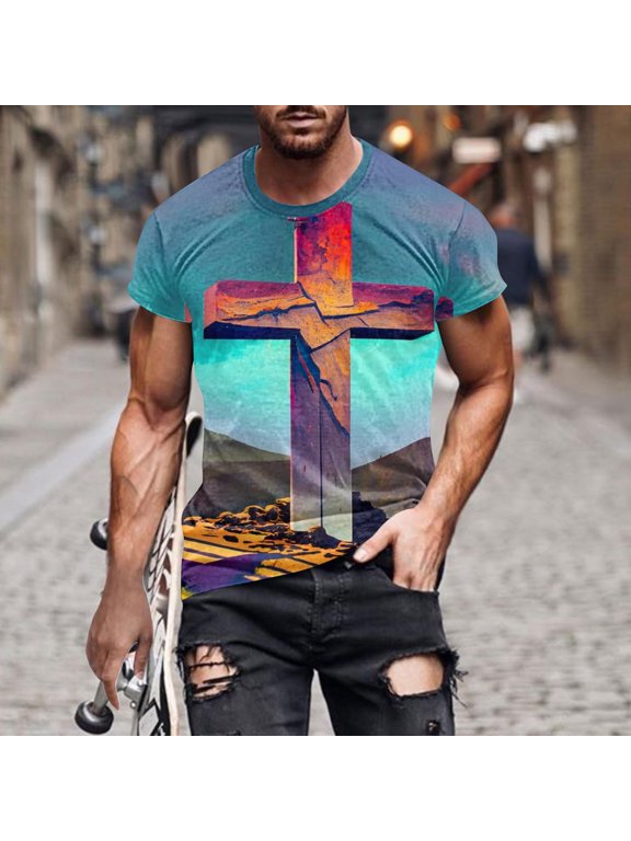 Plus Size Men' Jesus Cross 3D Printing T-Shirt Short SleeveRound Neck Funny Graphic Tees Tops Christian Religious Bible T-Shirts Blue XXXXL