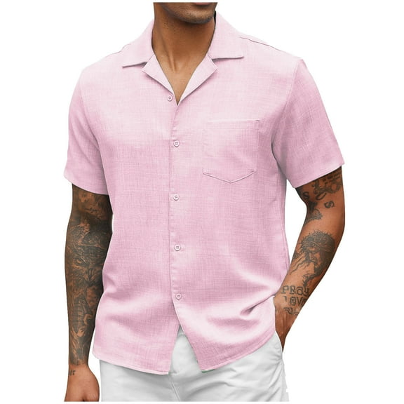 WXLWZYWL Plus Size Men's Shirts Short Sleeve Button Down V Neck Solid Color Front Pocket Linen Work Shirts Casual Loose Summer Hawaiian Beach Shirts