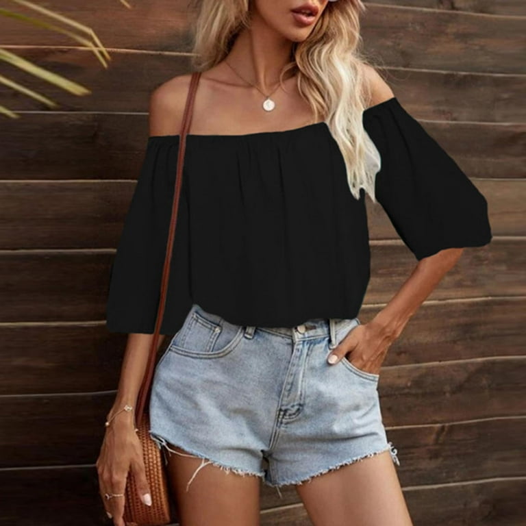 Chiffon 3/4 Sleeve Solid Color Off Shoulder Plus Size Tops Chiffon 3/4 Sleeve Solid Color Off Shoulder Plus Size Tops