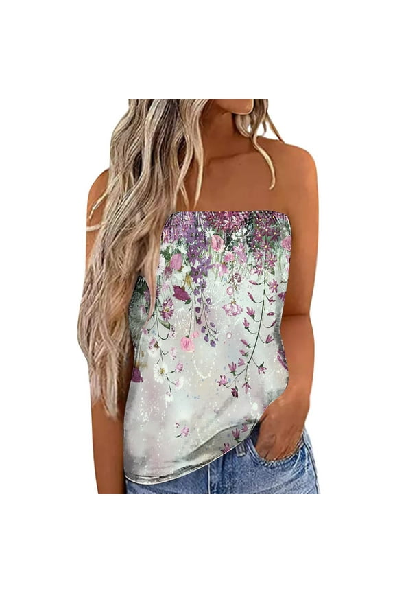 Plus Size Womens Summer Tube Tops Strapless Striped Tanks Backless Casual Bandeau Sleeveless Shirts Off Shoulder Floral Printing Blouses