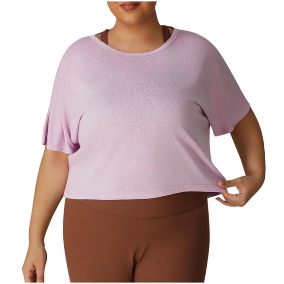 WXLWZYWL Plus Size Crop Tops for Women Short Sleeve Shirts Round Neck T Shirts Solid Color Lightwieght Tees