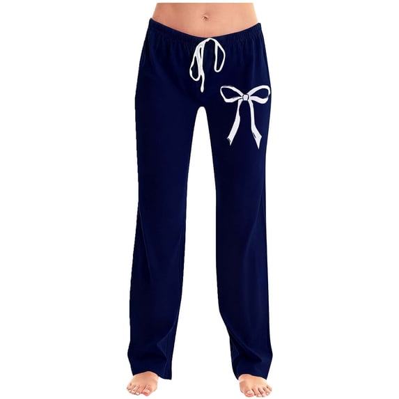 WXLWZYWL Plus Size Pajamas Pants for Women Bowknot Print High Waisted Sleep Bottoms Wide Leg Loose Comfy Lounge Trousers Loungewear