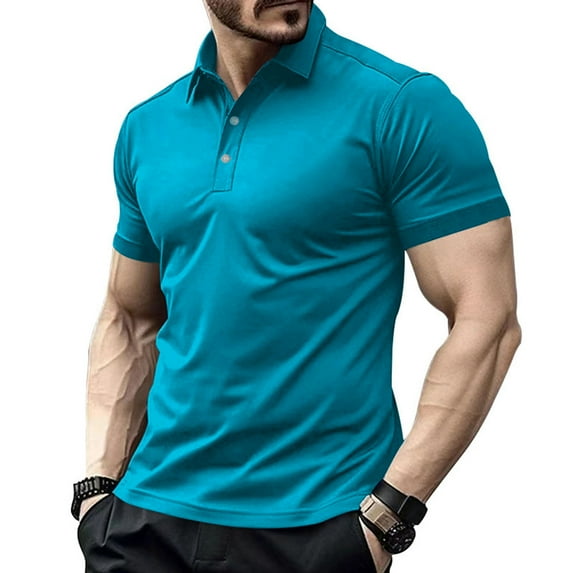 WXLWZYWL Plus Size Polo Shirts for Men Short Sleeve Lapel Button Up Solid Color Summer Holiday Gym Athletic Comfy Dry Fit Moisture Stylish Casual Tee Shirt Light Blue L