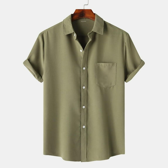 WXLWZYWL Plus Size Shirt for Men's Short Sleeve Oxford Cotton Shirt Regular Fit Button Down Collar Solid Color Casual Loose Shirts with Pocket Army Green L