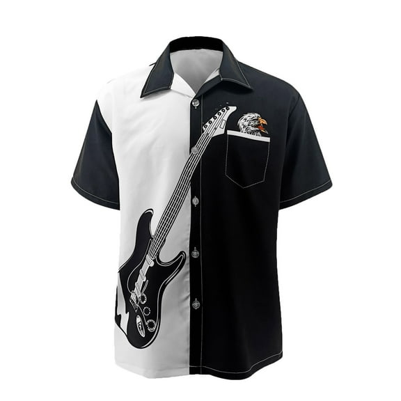 WXLWZYWL Plus Size Shirts for Men Short Sleeve Button Down Guitar Printing Shirts Summer Classic Hawaii Blouse Lightweight Fast Dry Breathable Collared Top with Pocket