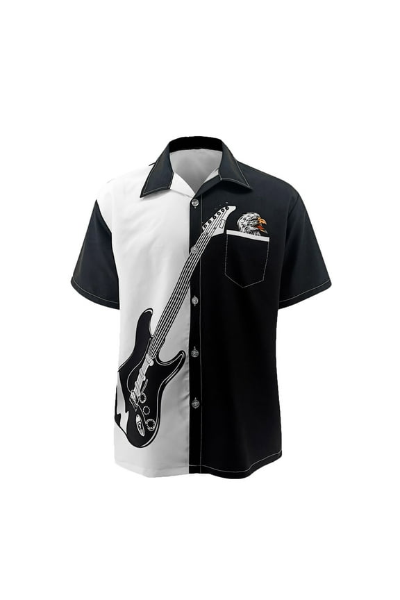 Plus Size Shirts for Men Short Sleeve Button Down Guitar Printing Shirts Summer Classic Hawaii Blouse Lightweight Fast Dry Breathable Collared Top with Pocket