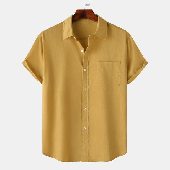 WXLWZYWL Plus Size Shirts for Men Short Sleeve Button Down Solid Color Dressy Shirt Front Pocket Casual Linen Summer Cuban Camp Guayabera Clothes Beach Hippie Shirts Yellow XXL