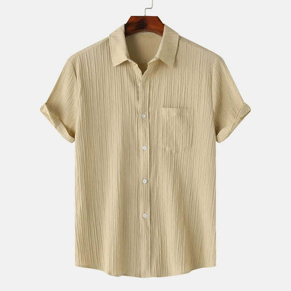 Prime Deals of The Day Today OnlyWXLWZYWL Plus Size Shirts for Men Clearance Short Sleeves Button Down Wrinkle Textured Solid Color Casual Beach Collar Regular-Fit Vacation Work Shirts with Pocket