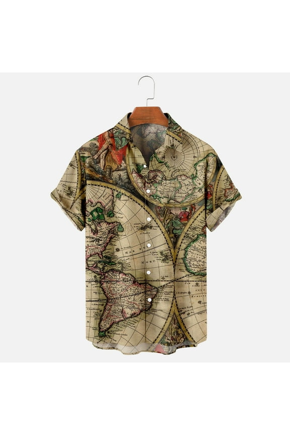 Plus Size Shirts for Men Button Down Short Sleeve Unisex Beach World Map Printing Shirts Funky Casual Loose Hawaiian Summer Tops