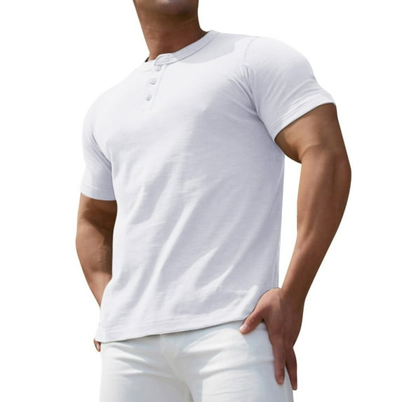 WXLWZYWL Plus Size THenley Shirts for Men Clearance Short Sleeve Quarter Button Up Solid Color Casual Front Placket Henley T-Shirts Cotton Shirts White L