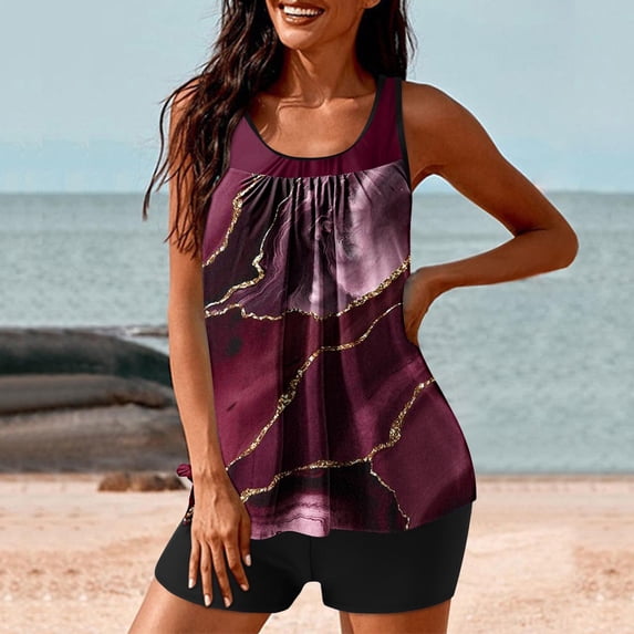 WXLWZYWL Plus Size Tankini Swimsuits - Women Two Piece Tankini Top with Shorts Flowy Swimsuit Bathing Suits