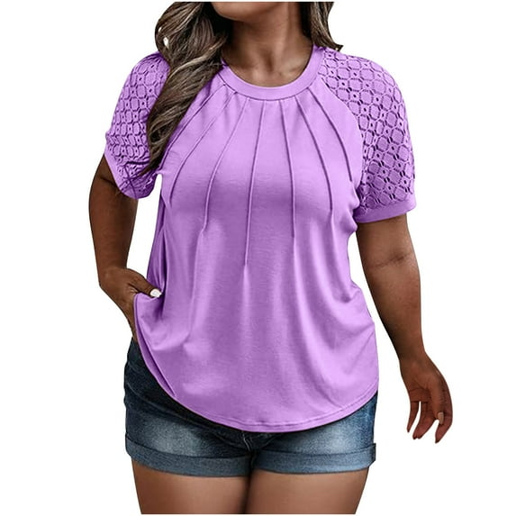 WXLWZYWL Plus Size Tops for Women Short Sleeve Round Neck Clearance Pleated Summer Lace Loose Casual Blouse Solid Color Tunic T Shirts