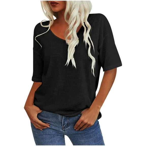 WXLWZYWL Plus Size Tops for Women Short Sleeve Shirts Casual V Neck T Shirts Solid Color Tees Comfy Summer Top 2026