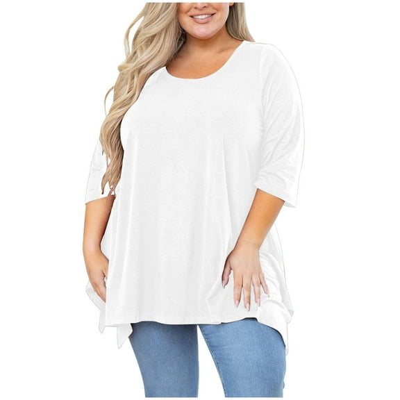 WXLWZYWL Plus Size Tunic or Tops to Wear with Leggings for Women Dressy Casual Short Sleeve Shirts Crewneck Irregular Hem Loose Fitted Blouses