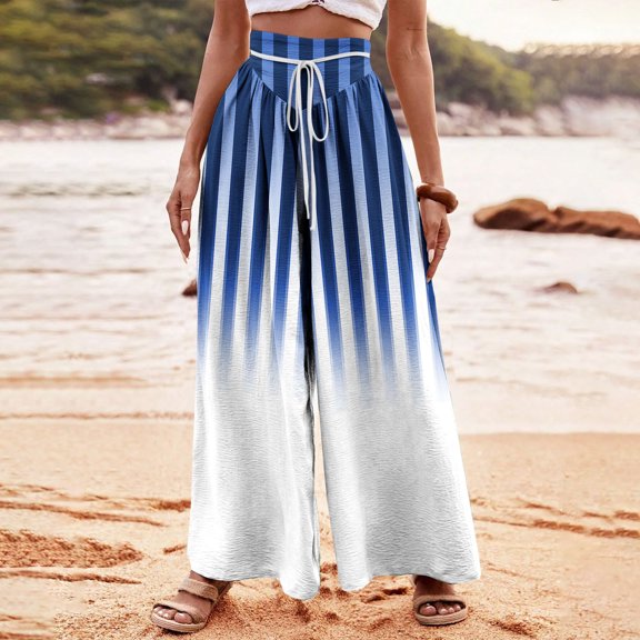 WXLWZYWL Plus Size Wide Leg Pants for Women Striped High Waisted Baggy Drawstring Lightweight Loose Fit Flare Leggings Sweatpants