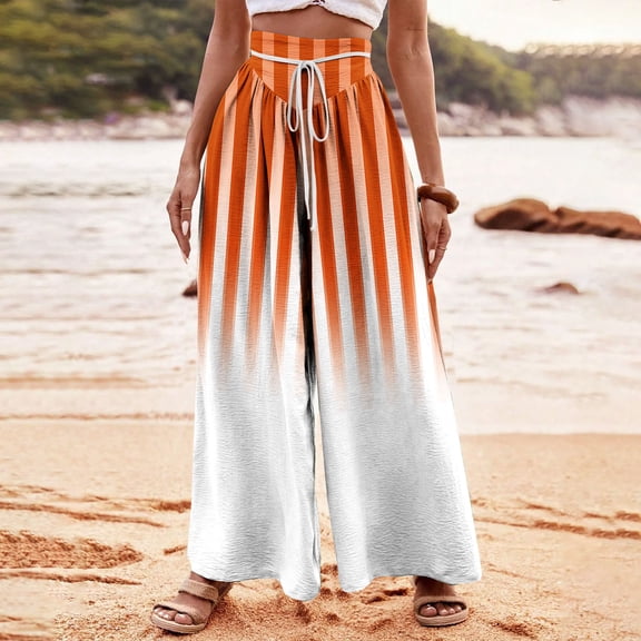 WXLWZYWL Plus Size Wide Leg Pants for Women Striped High Waisted Baggy Drawstring Lightweight Loose Fit Flare Leggings Sweatpants